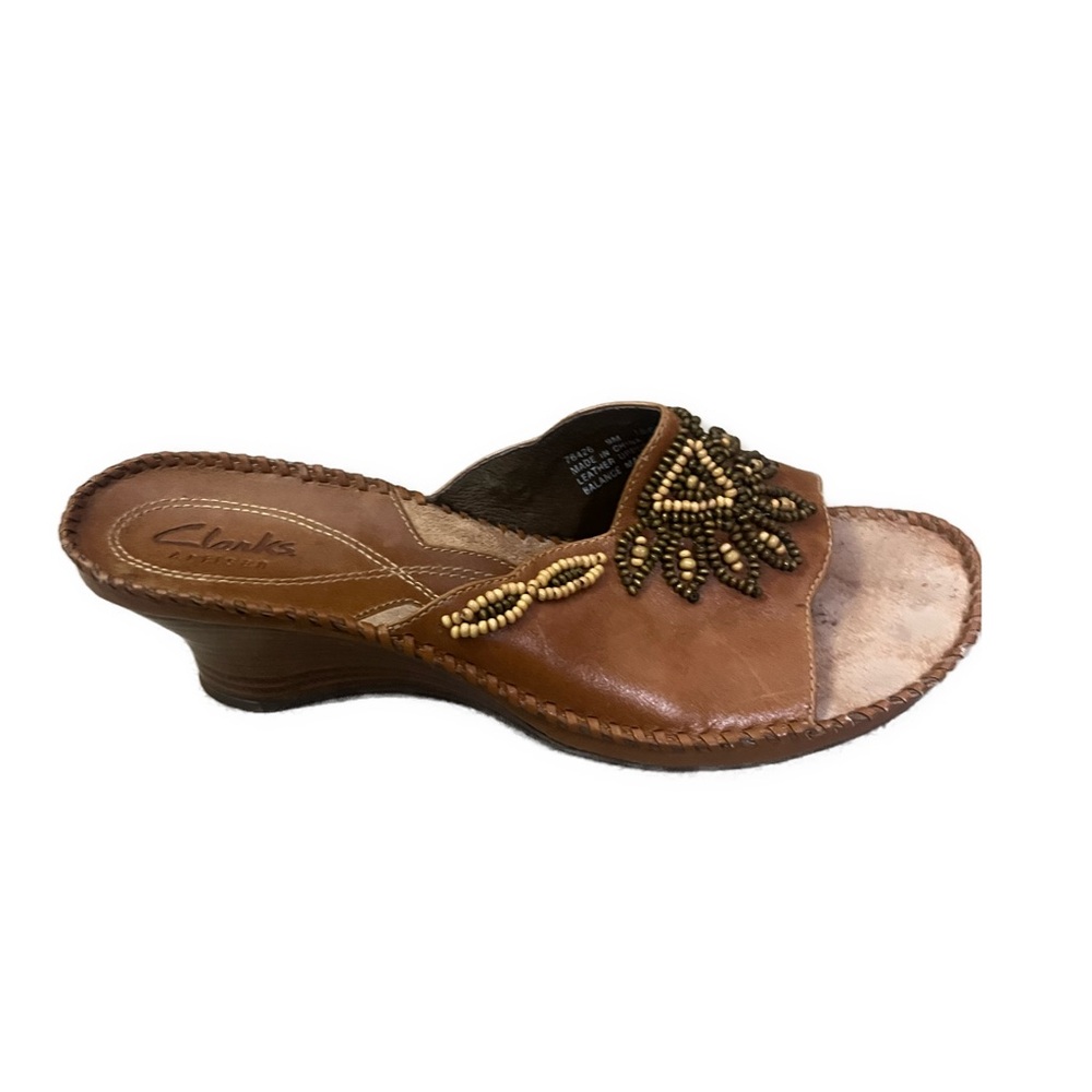 Clarks Women's Artisan Leather Embellished Peep Toe Wedge Sandals- Size 9